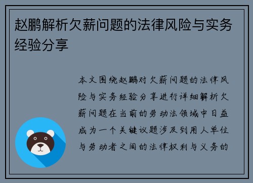 赵鹏解析欠薪问题的法律风险与实务经验分享 赵鹏解析欠薪问题的法律风险与实务经验分享